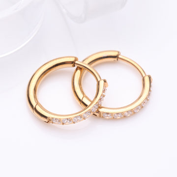 Detail View 1 of A Pair of Implant Grade Titanium Golden Gem Lined Huggie Hoop Earring-Clear Gem